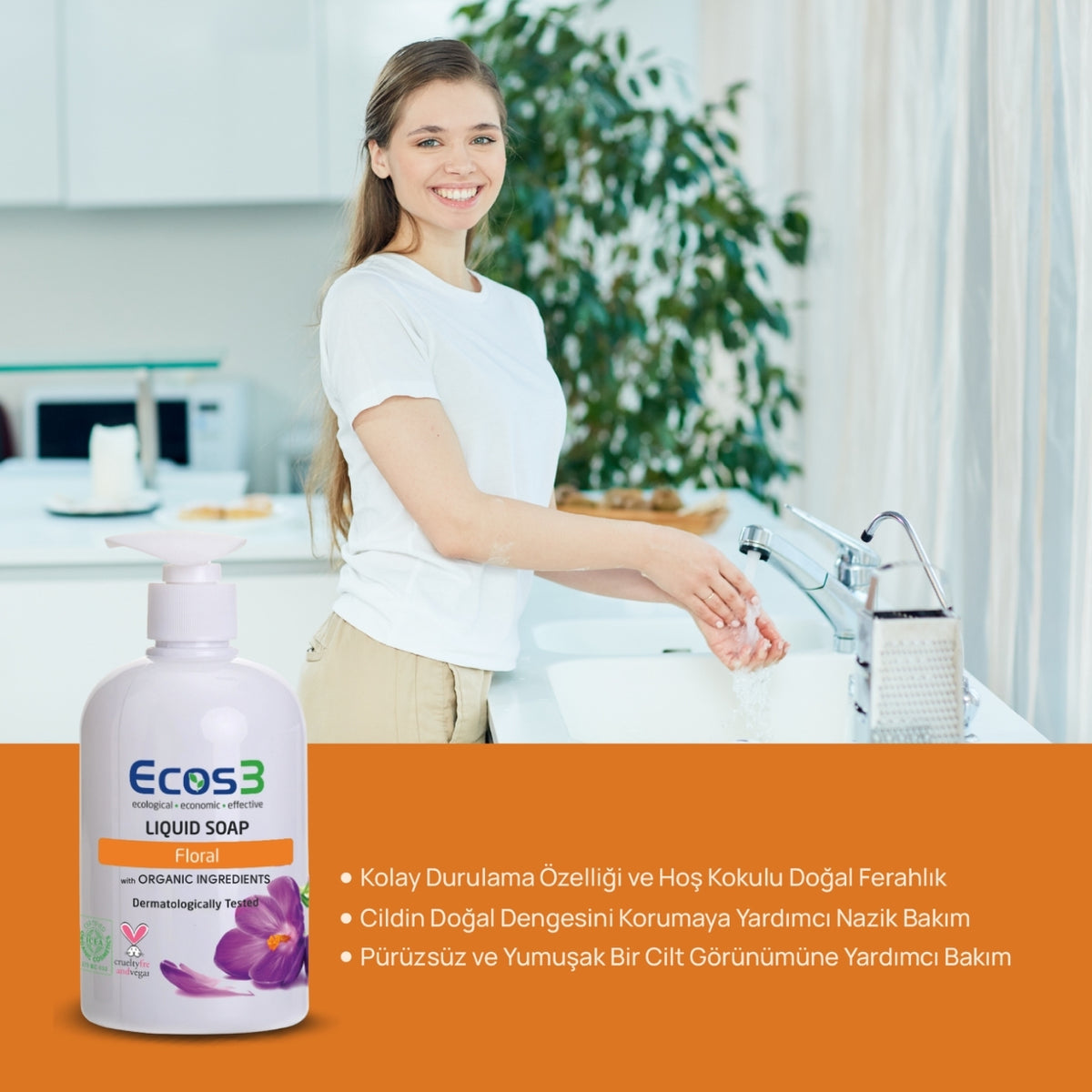 Ecos3 Organik İçerikli Sıvı Sabun – Floral 500 mL