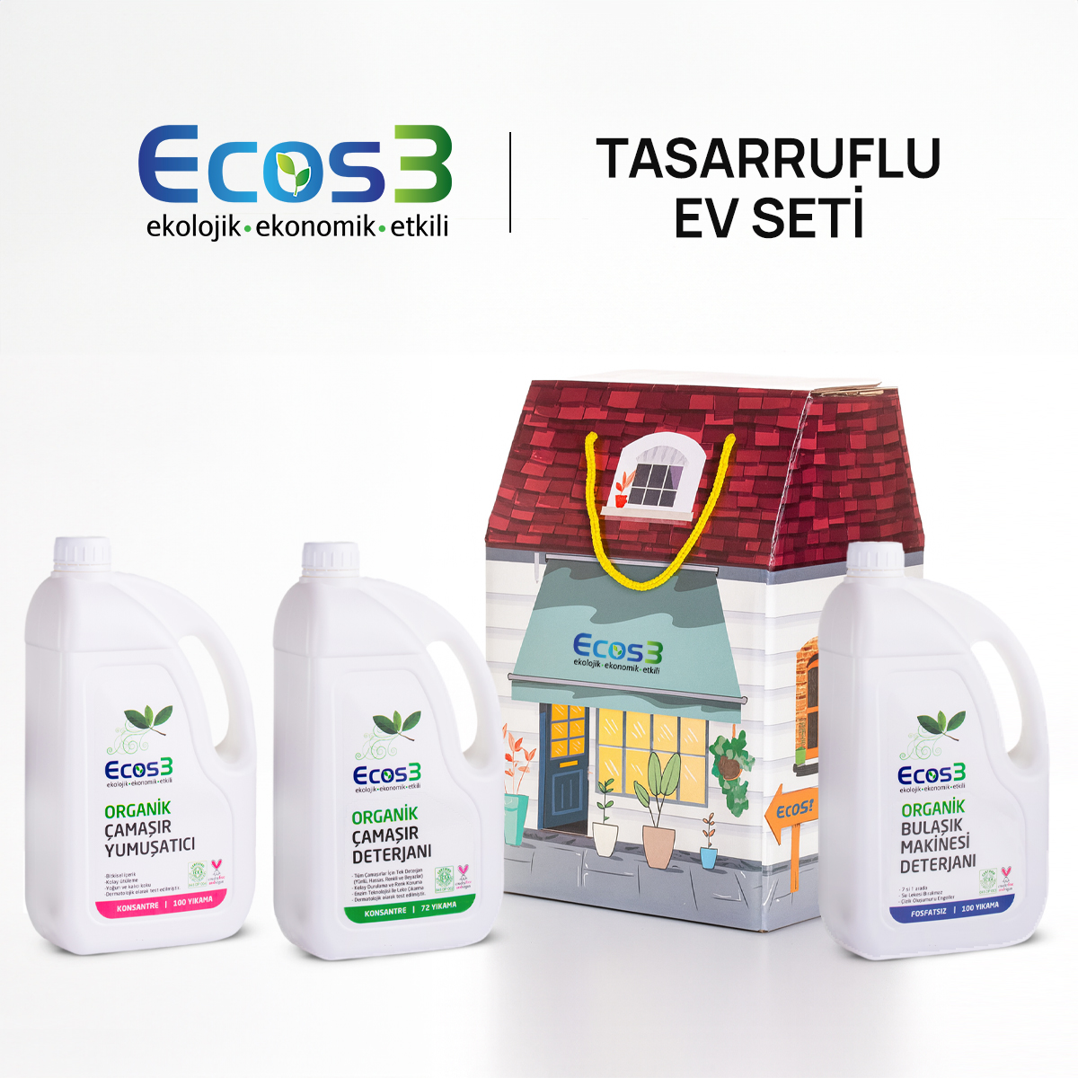 Sertifikalı Organik Tasarruflu Ev Temizlik Seti | Çamaşır Deterjan, Yumuşatıcı ve Bulaşık Makinesi Deterjanı